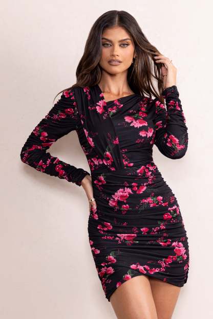 Everly Black Floral Print High Neckline Ruched Detail Long Sleeve Mini Dress-Fashionmomo.All Rights Reserved