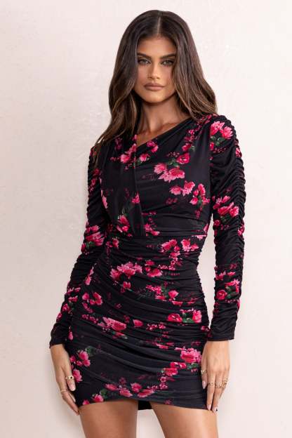 Everly Black Floral Print High Neckline Ruched Detail Long Sleeve Mini Dress-Fashionmomo.All Rights Reserved