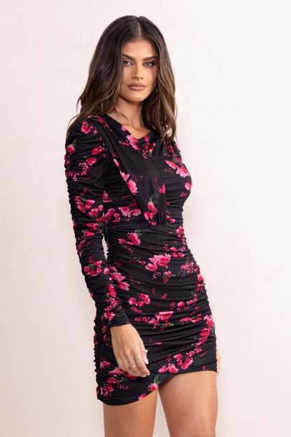 Everly Black Floral Print High Neckline Ruched Detail Long Sleeve Mini Dress-Fashionmomo.All Rights Reserved