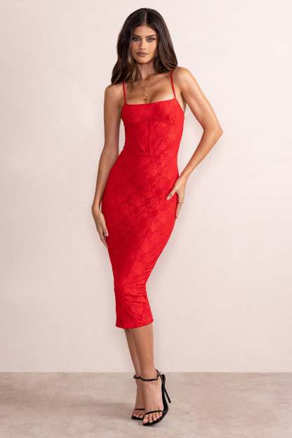 Anele Red Lace Overlay Corset Midi Dress-Fashionmomo.All Rights Reserved