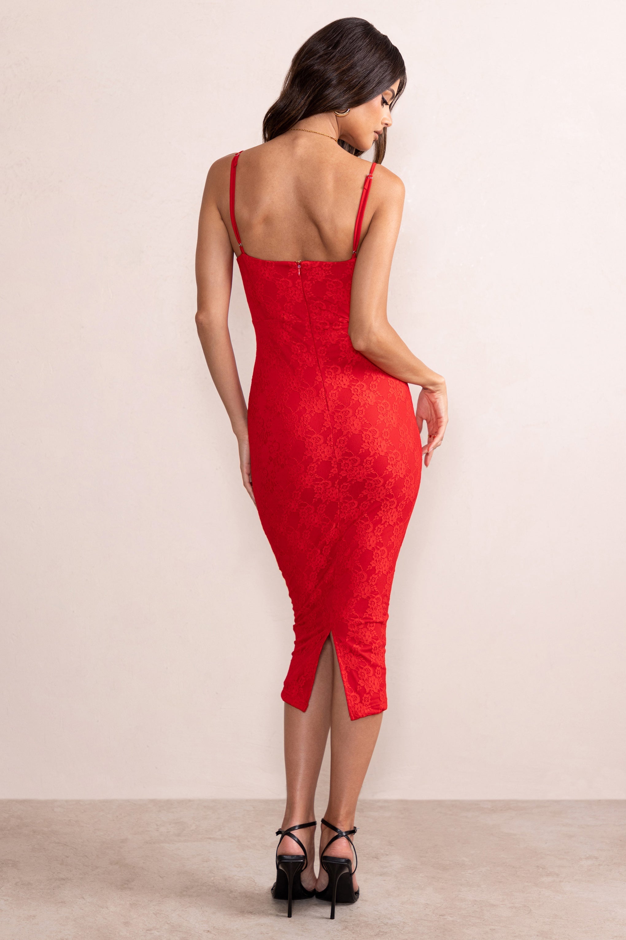 Anele Red Lace Overlay Corset Midi Dress-Fashionmomo.All Rights Reserved