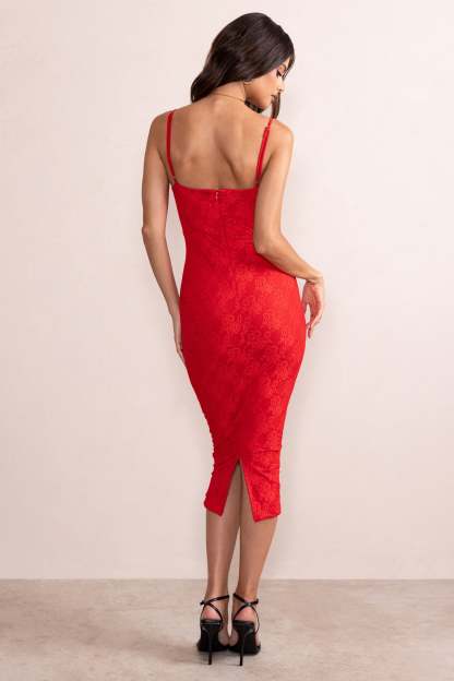 Anele Red Lace Overlay Corset Midi Dress-Fashionmomo.All Rights Reserved