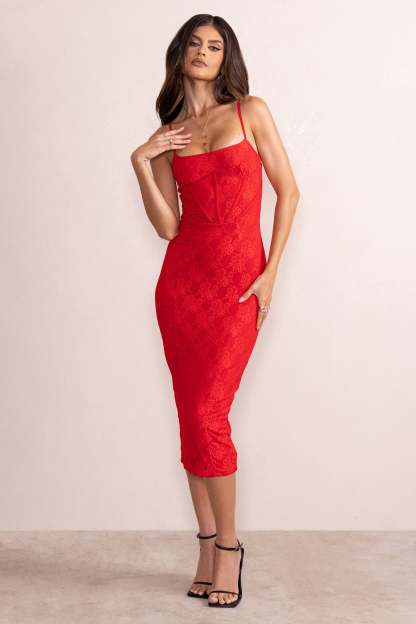 Anele Red Lace Overlay Corset Midi Dress-Fashionmomo.All Rights Reserved