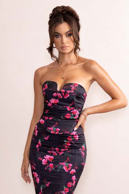 Evie Black Floral Print Satin Corset Top With Dipped Hem-Fashionmomo.All Rights Reserved