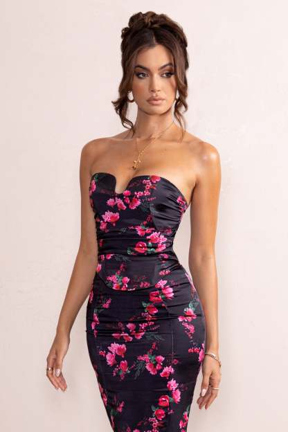 Evie Black Floral Print Satin Corset Top With Dipped Hem-Fashionmomo.All Rights Reserved