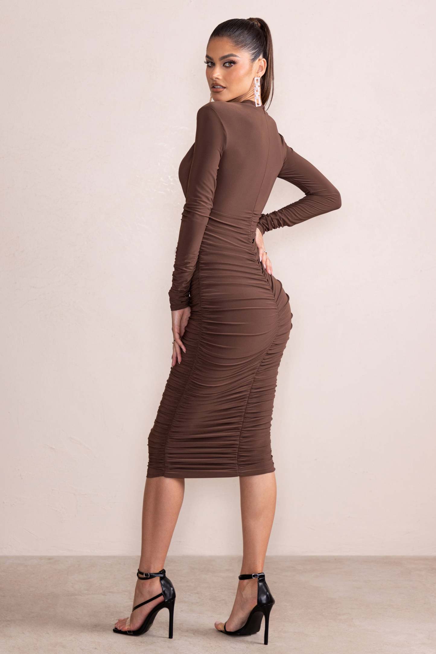 Etta Chocolate Cut Out Front Ruched Body Midi Dress With Gold Trim-Fashionmomo.All Rights Reserved