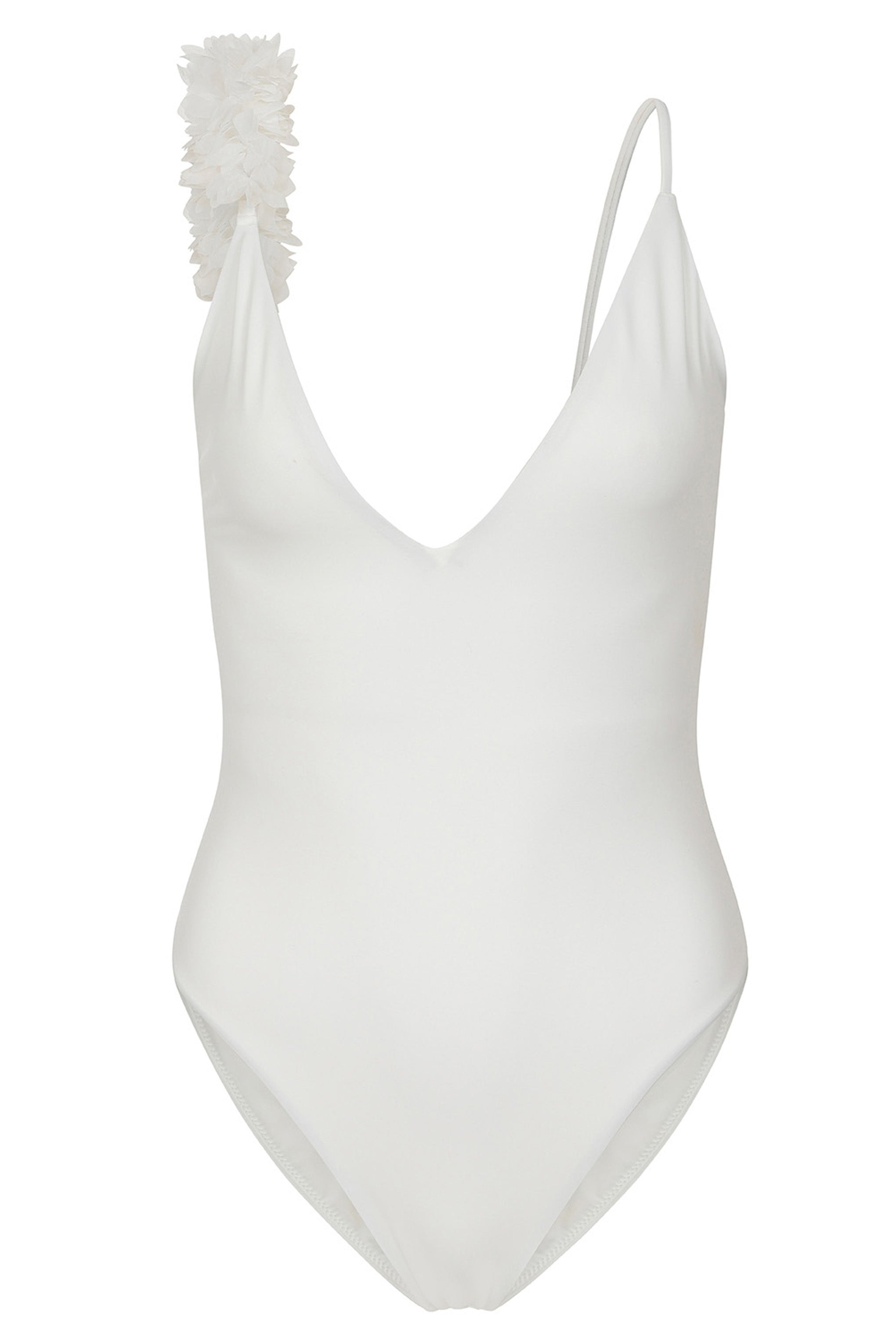 Florelle White Plunge Flower Trim Swimsuit-Fashionmomo.All Rights Reserved