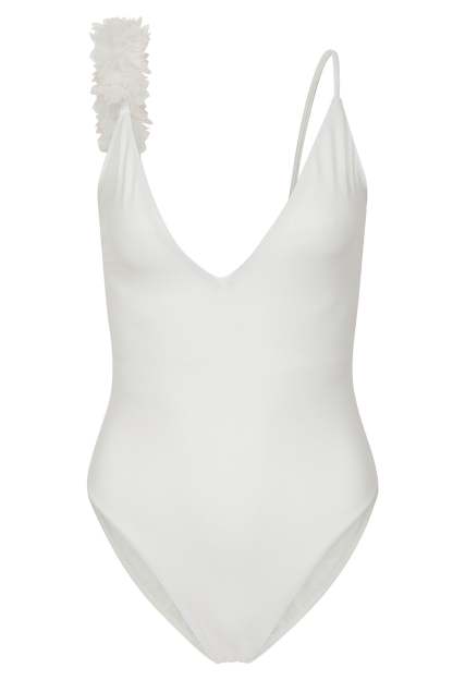 Florelle White Plunge Flower Trim Swimsuit-Fashionmomo.All Rights Reserved