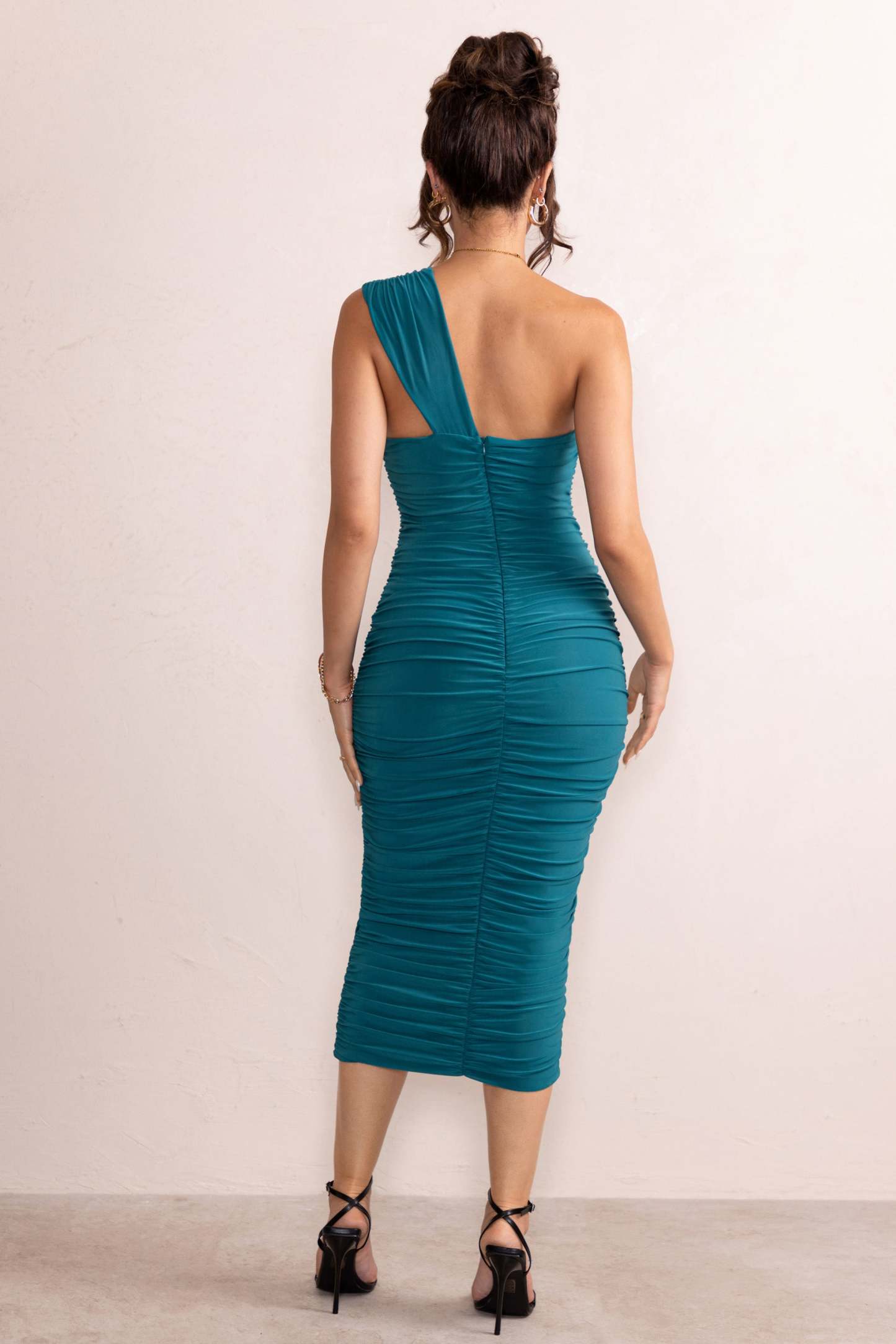 Brielle Teal Asymmetric Neck Twist Front Ruched Midi Dress-Fashionmomo.All Rights Reserved