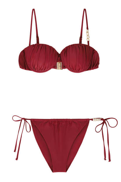 Fortune Burgundy Pleated Chain Bikini Bottoms-Fashionmomo.All Rights Reserved