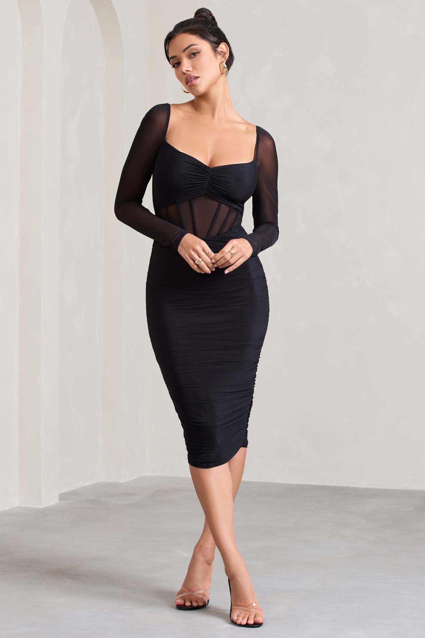 Abiba Black Ruched Front Corset Midi Dress With Long Sleeves-Fashionmomo.All Rights Reserved