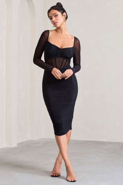 Abiba Black Ruched Front Corset Midi Dress With Long Sleeves-Fashionmomo.All Rights Reserved