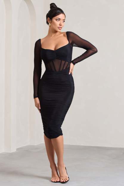 Abiba Black Ruched Front Corset Midi Dress With Long Sleeves-Fashionmomo.All Rights Reserved