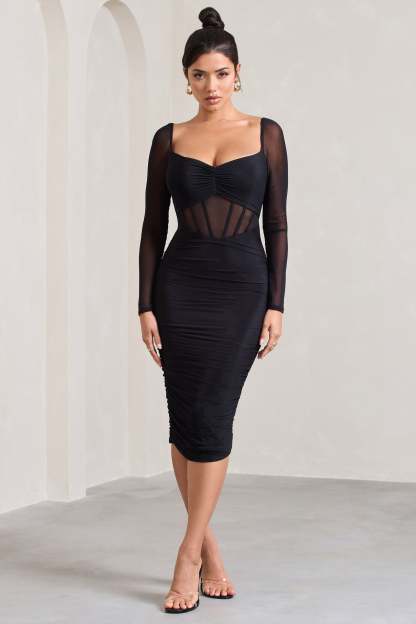Abiba Black Ruched Front Corset Midi Dress With Long Sleeves-Fashionmomo.All Rights Reserved