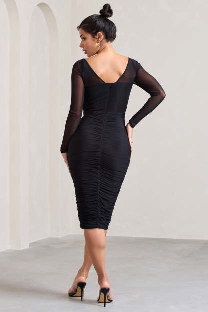 Abiba Black Ruched Front Corset Midi Dress With Long Sleeves-Fashionmomo.All Rights Reserved