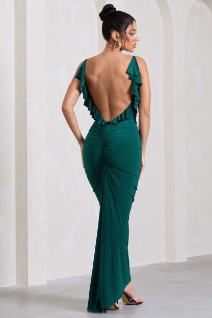 Flute Bottle Green Bodycon Maxi Dress With Ruched Ruffled Back-Fashionmomo.All Rights Reserved