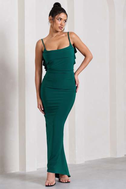 Flute Bottle Green Bodycon Maxi Dress With Ruched Ruffled Back-Fashionmomo.All Rights Reserved