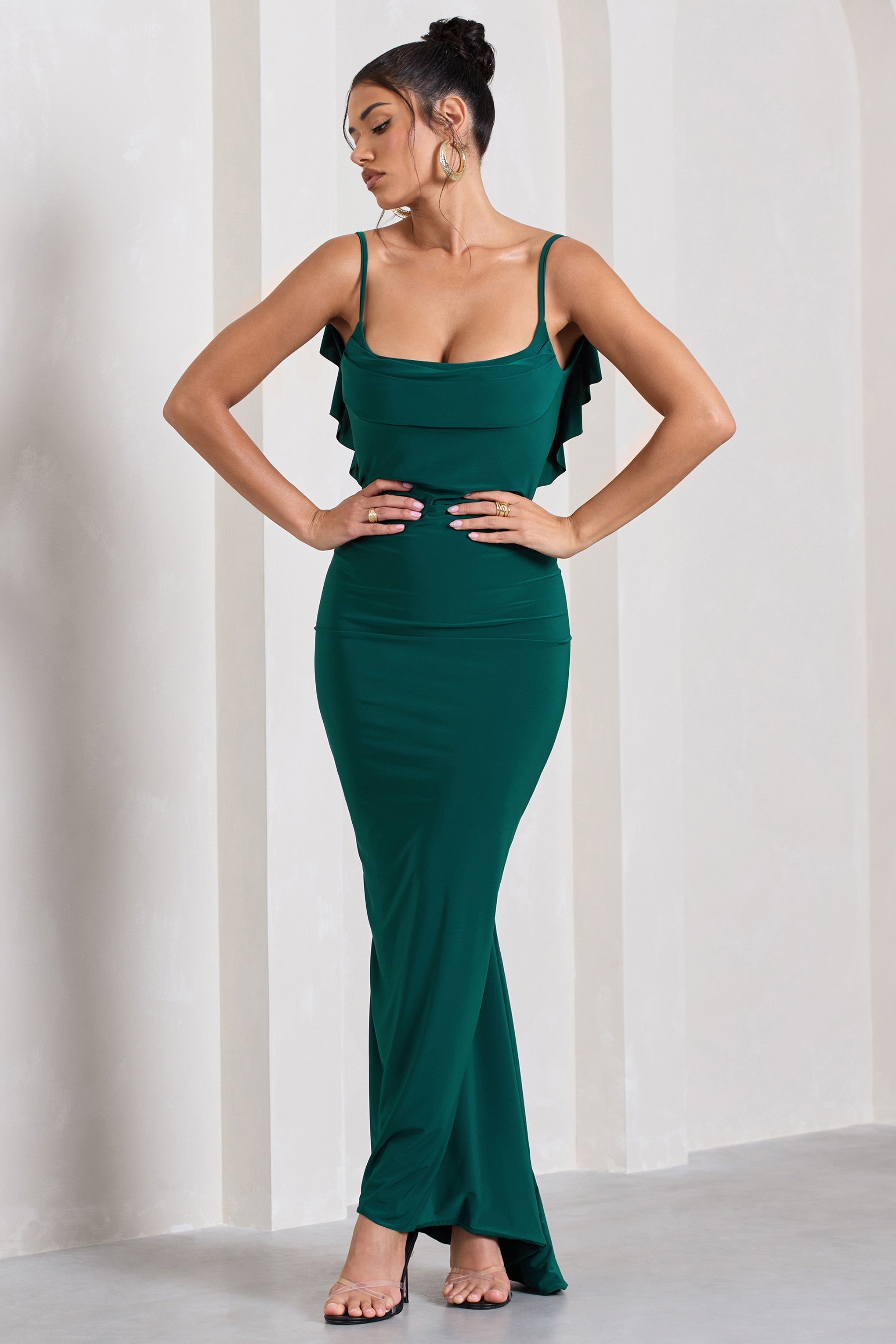 Flute Bottle Green Bodycon Maxi Dress With Ruched Ruffled Back-Fashionmomo.All Rights Reserved