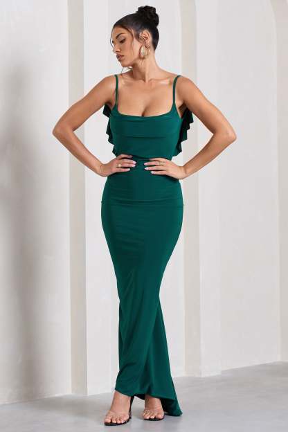 Flute Bottle Green Bodycon Maxi Dress With Ruched Ruffled Back-Fashionmomo.All Rights Reserved