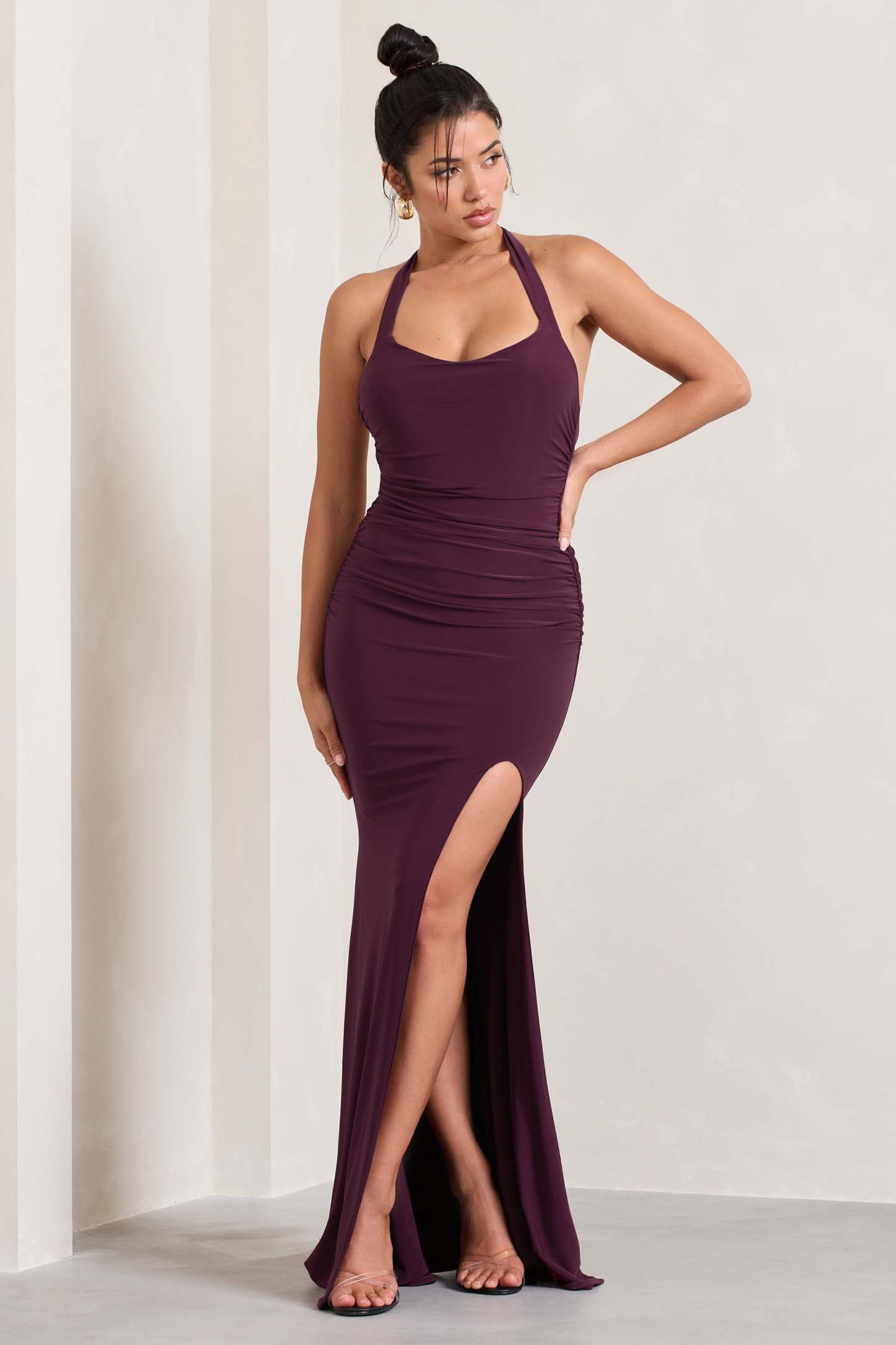 Idol Burgundy Halter-Neck Split Maxi Dress-Fashionmomo.All Rights Reserved