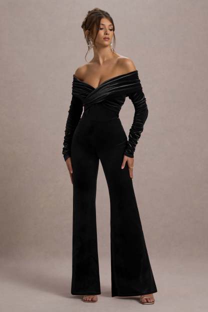 Borealis Black Velvet Long-Sleeved Bardot Jumpsuit-Fashionmomo.All Rights Reserved