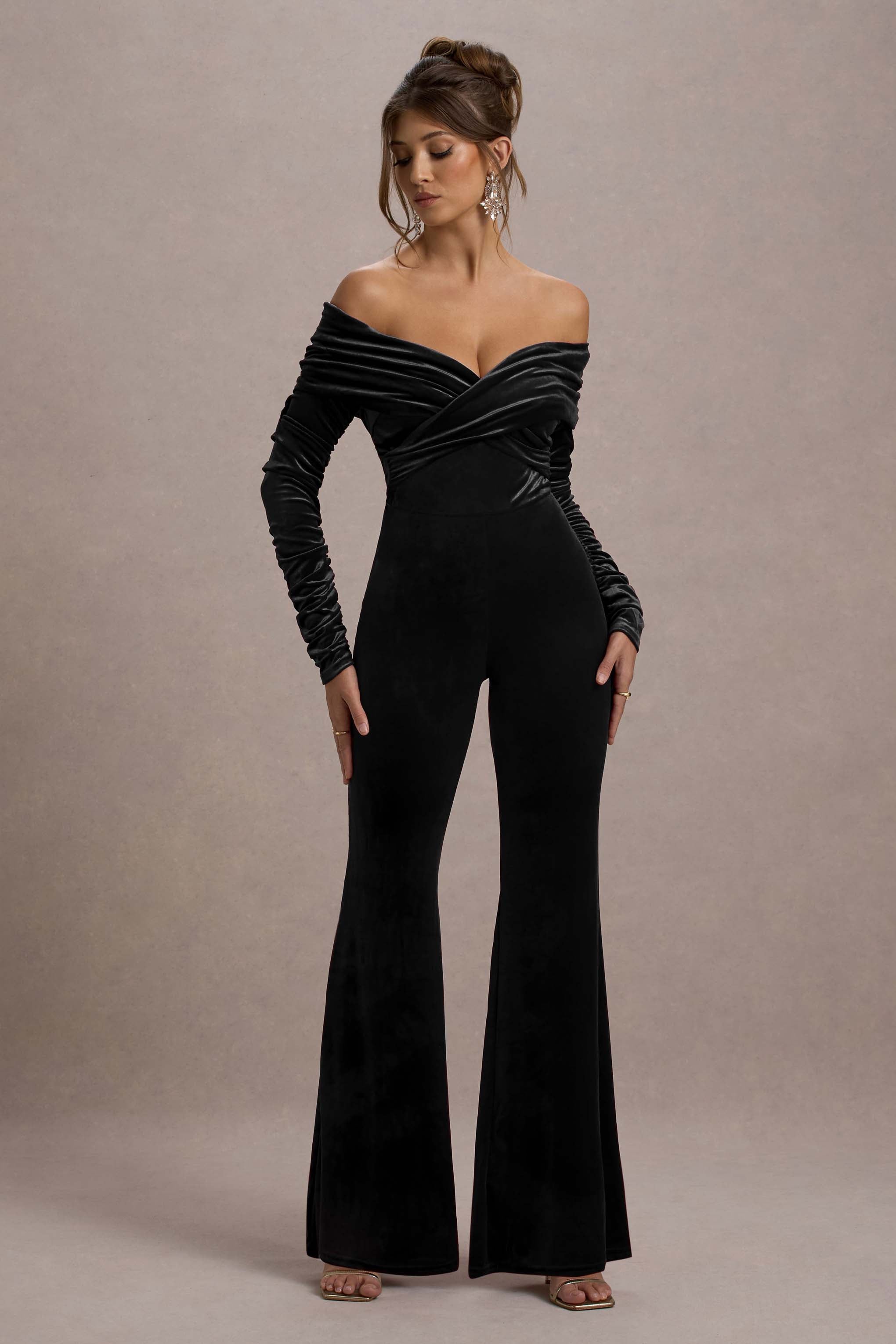 Borealis Black Velvet Long-Sleeved Bardot Jumpsuit-Fashionmomo.All Rights Reserved