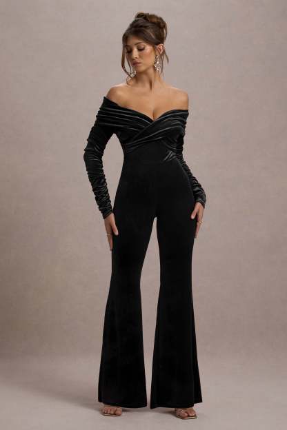 Borealis Black Velvet Long-Sleeved Bardot Jumpsuit-Fashionmomo.All Rights Reserved