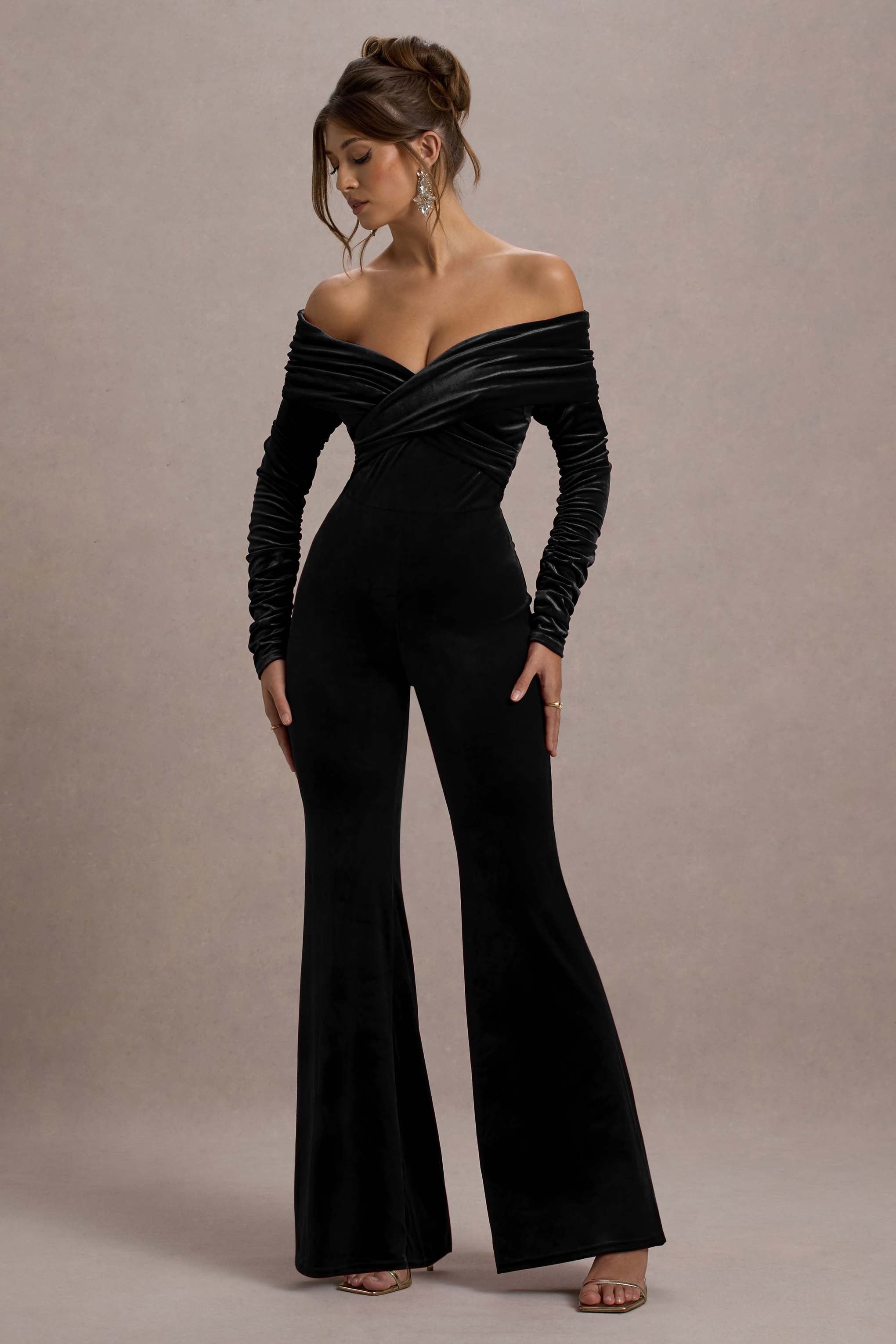 Borealis Black Velvet Long-Sleeved Bardot Jumpsuit-Fashionmomo.All Rights Reserved