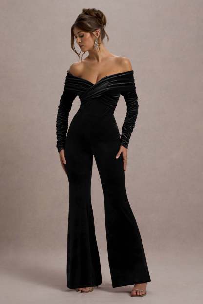 Borealis Black Velvet Long-Sleeved Bardot Jumpsuit-Fashionmomo.All Rights Reserved