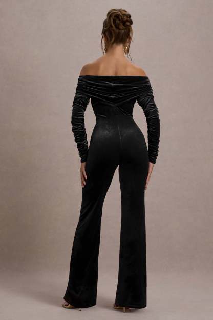 Borealis Black Velvet Long-Sleeved Bardot Jumpsuit-Fashionmomo.All Rights Reserved