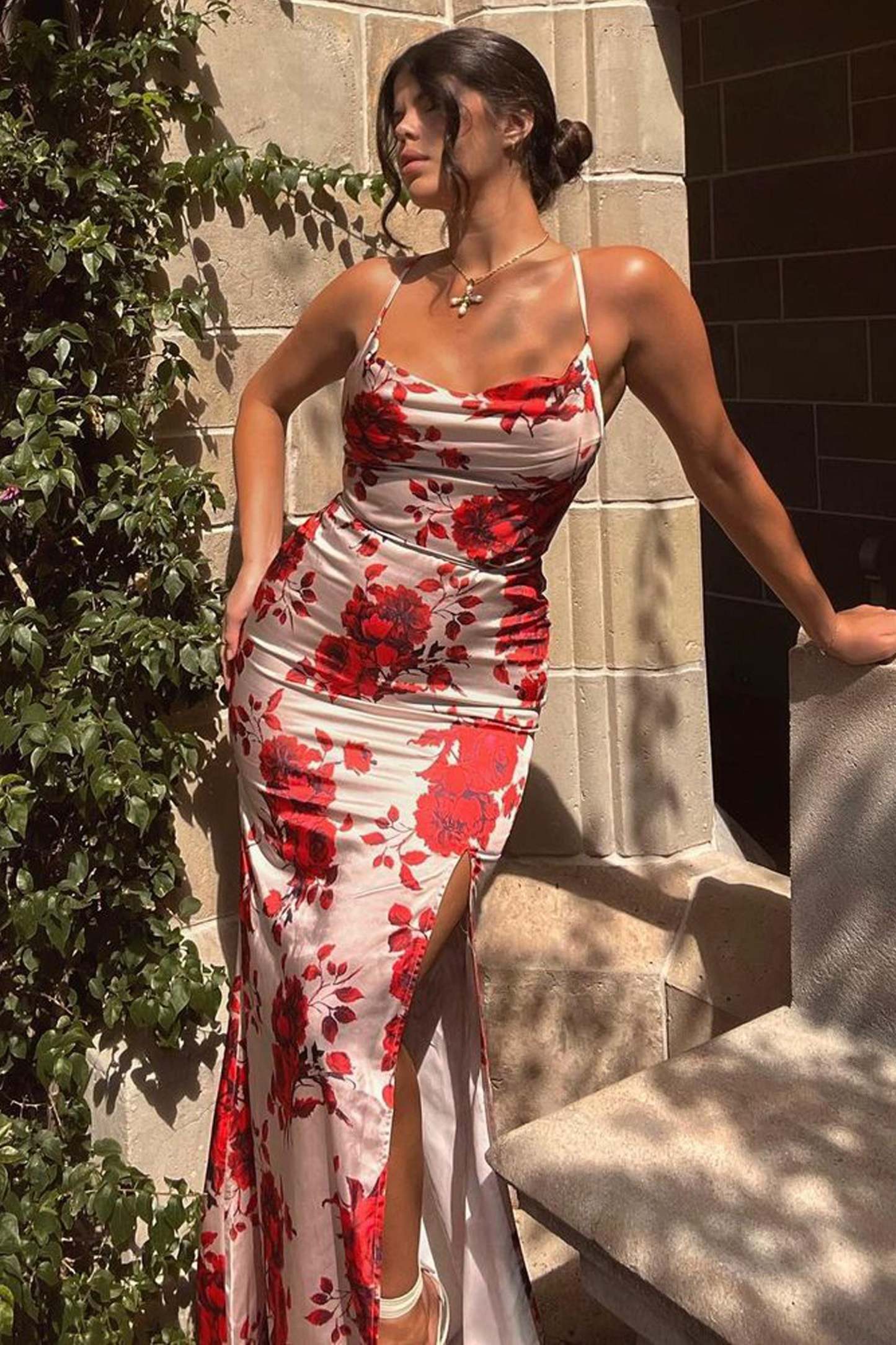 Fairy Tale Champagne Floral Print Cowl Neck Satin Maxi Dress with Waist Tie-Fashionmomo.All Rights Reserved