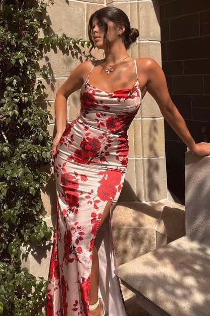 Fairy Tale Champagne Floral Print Cowl Neck Satin Maxi Dress with Waist Tie-Fashionmomo.All Rights Reserved