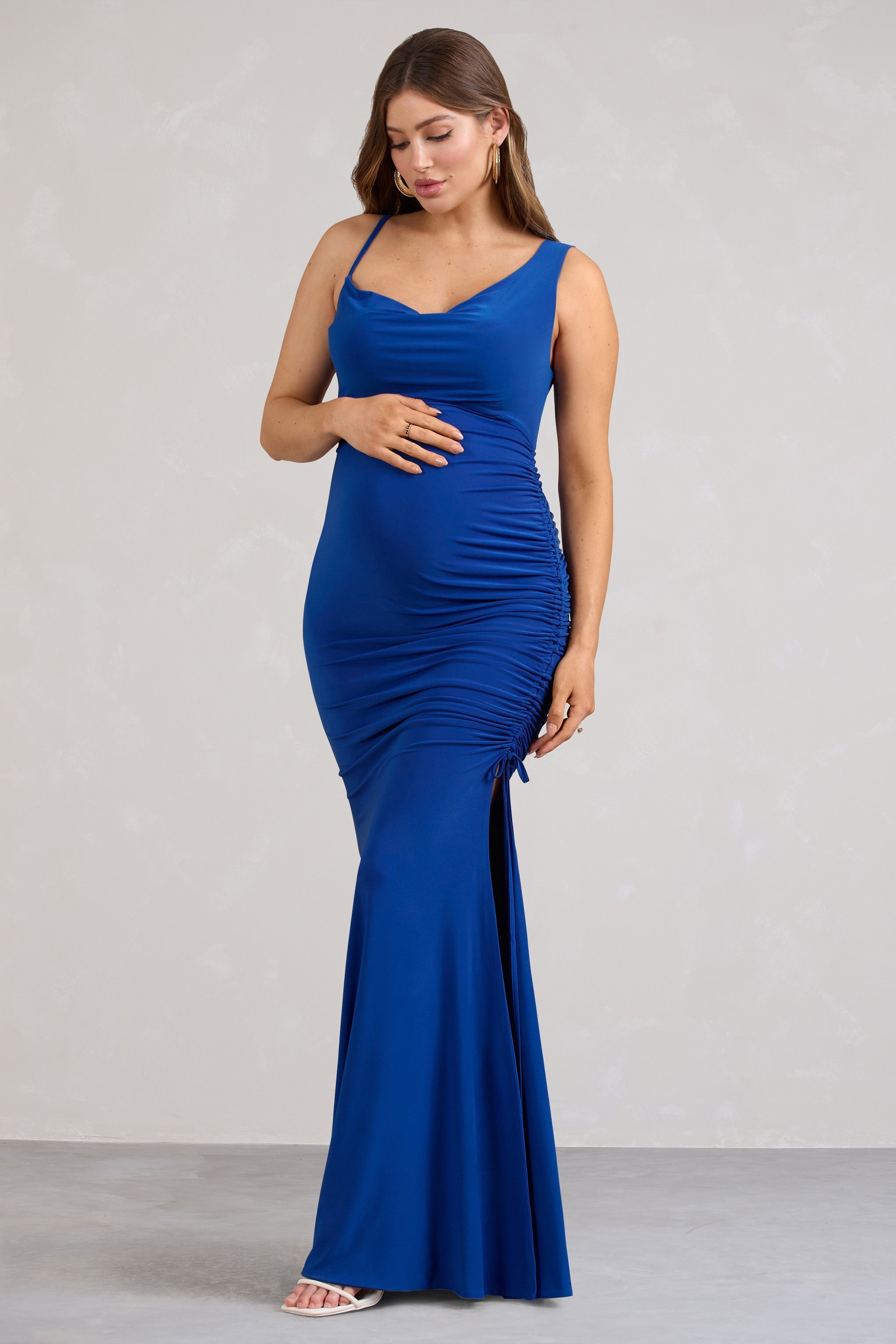 Phantasy Cobalt Blue Asymmetric Split Maternity Maxi Dress-Fashionmomo.All Rights Reserved