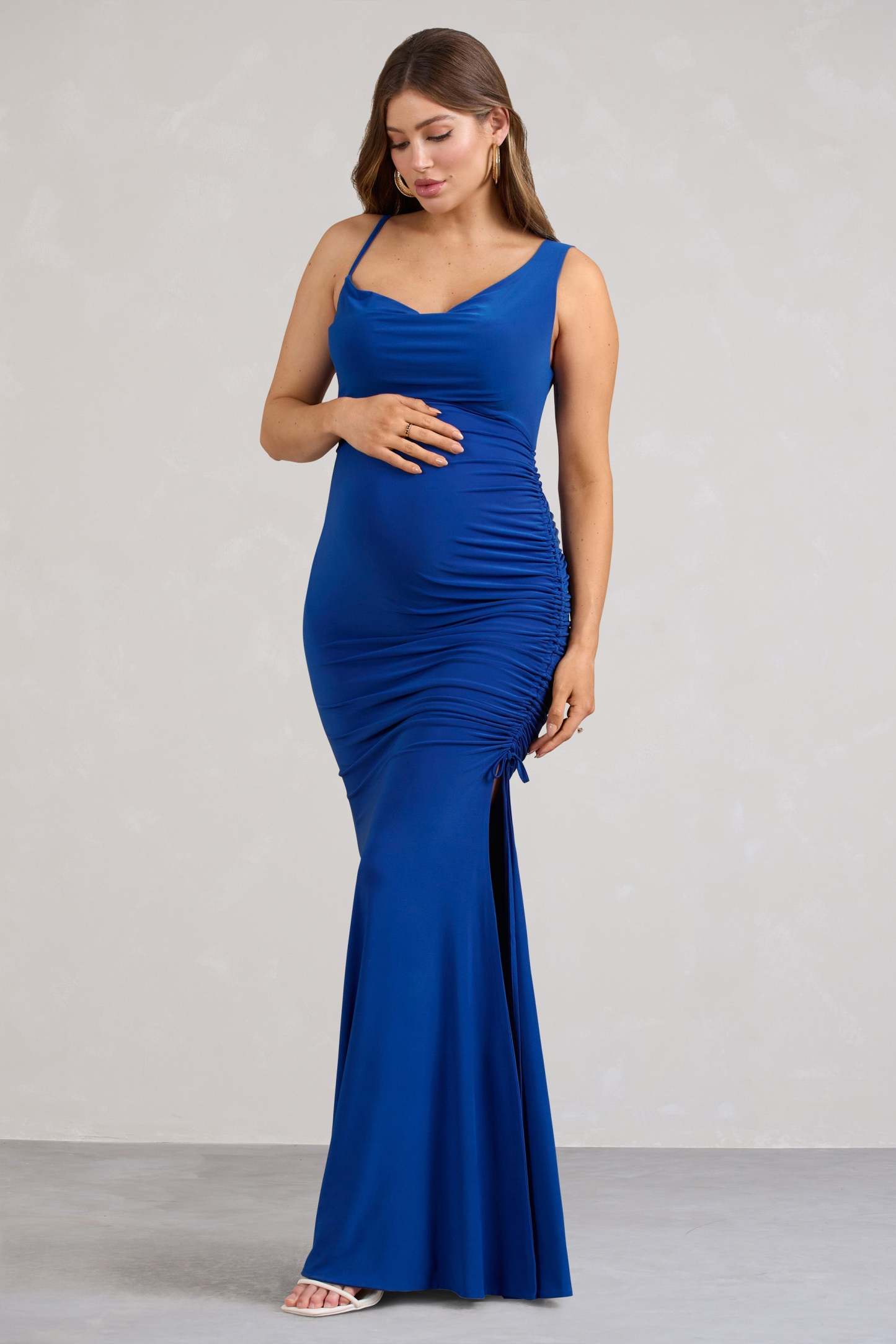 Phantasy Cobalt Blue Asymmetric Split Maternity Maxi Dress-Fashionmomo.All Rights Reserved