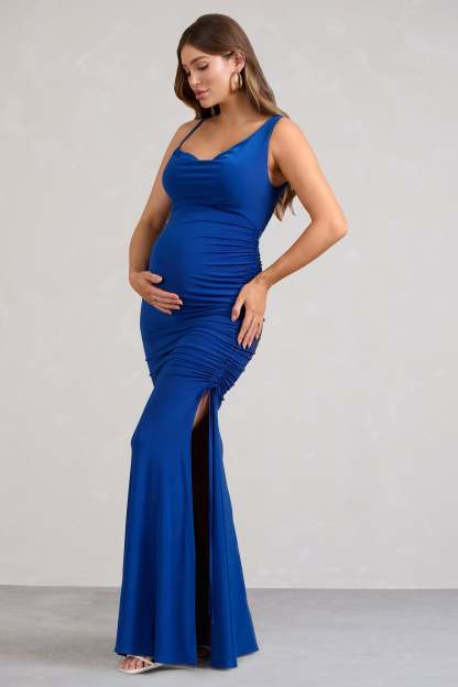 Phantasy Cobalt Blue Asymmetric Split Maternity Maxi Dress-Fashionmomo.All Rights Reserved