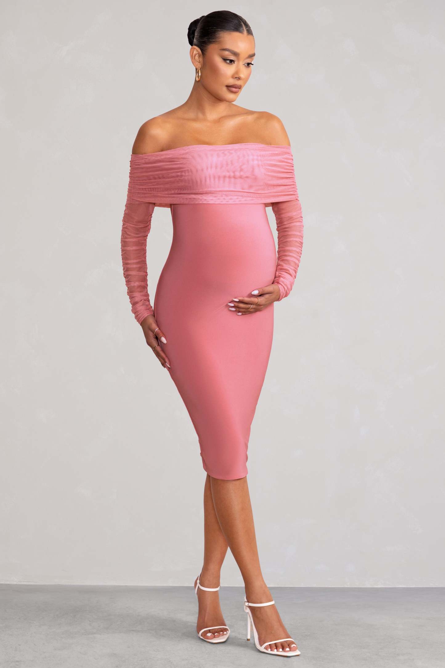 Patiently Waiting Blush Pink Maternity Ruched Mesh Bardot Midi Dress-Fashionmomo.All Rights Reserved