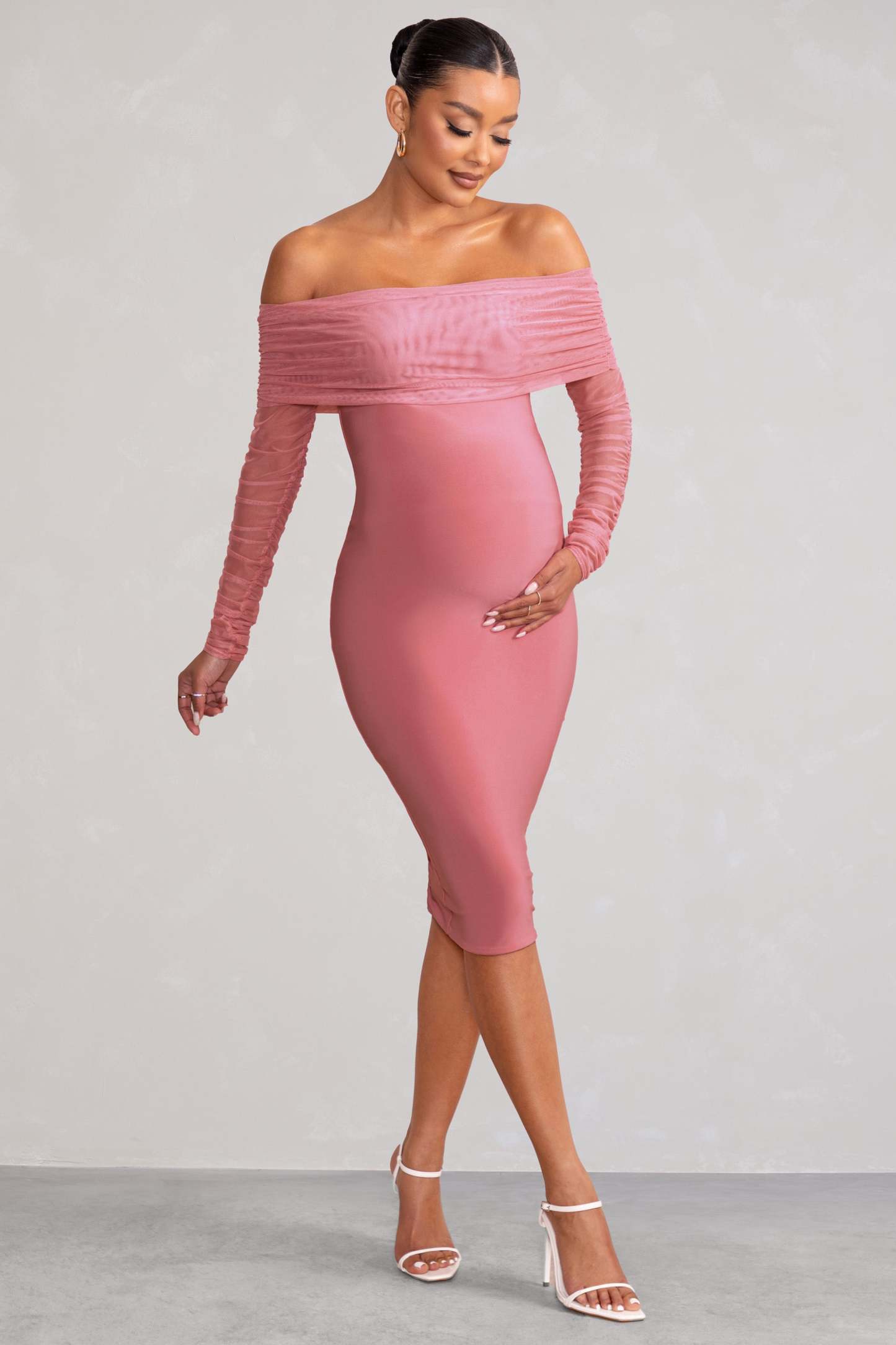 Patiently Waiting Blush Pink Maternity Ruched Mesh Bardot Midi Dress-Fashionmomo.All Rights Reserved