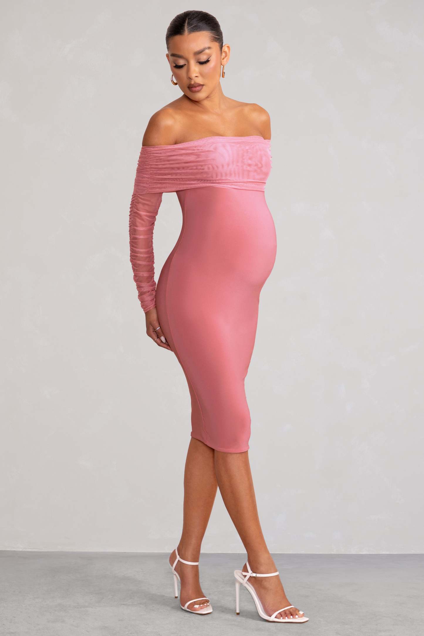 Patiently Waiting Blush Pink Maternity Ruched Mesh Bardot Midi Dress-Fashionmomo.All Rights Reserved