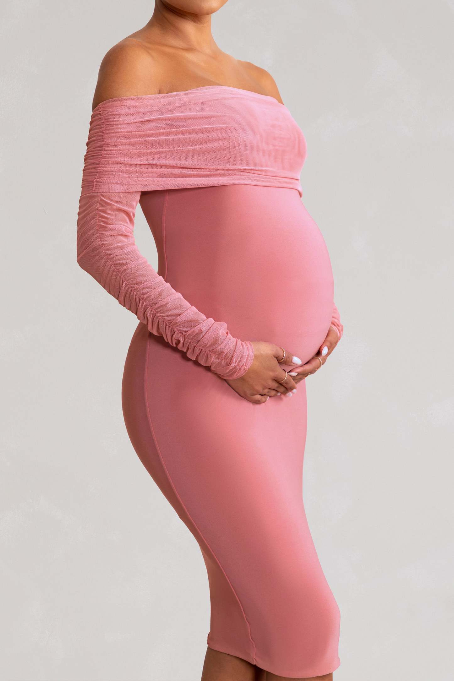 Patiently Waiting Blush Pink Maternity Ruched Mesh Bardot Midi Dress-Fashionmomo.All Rights Reserved