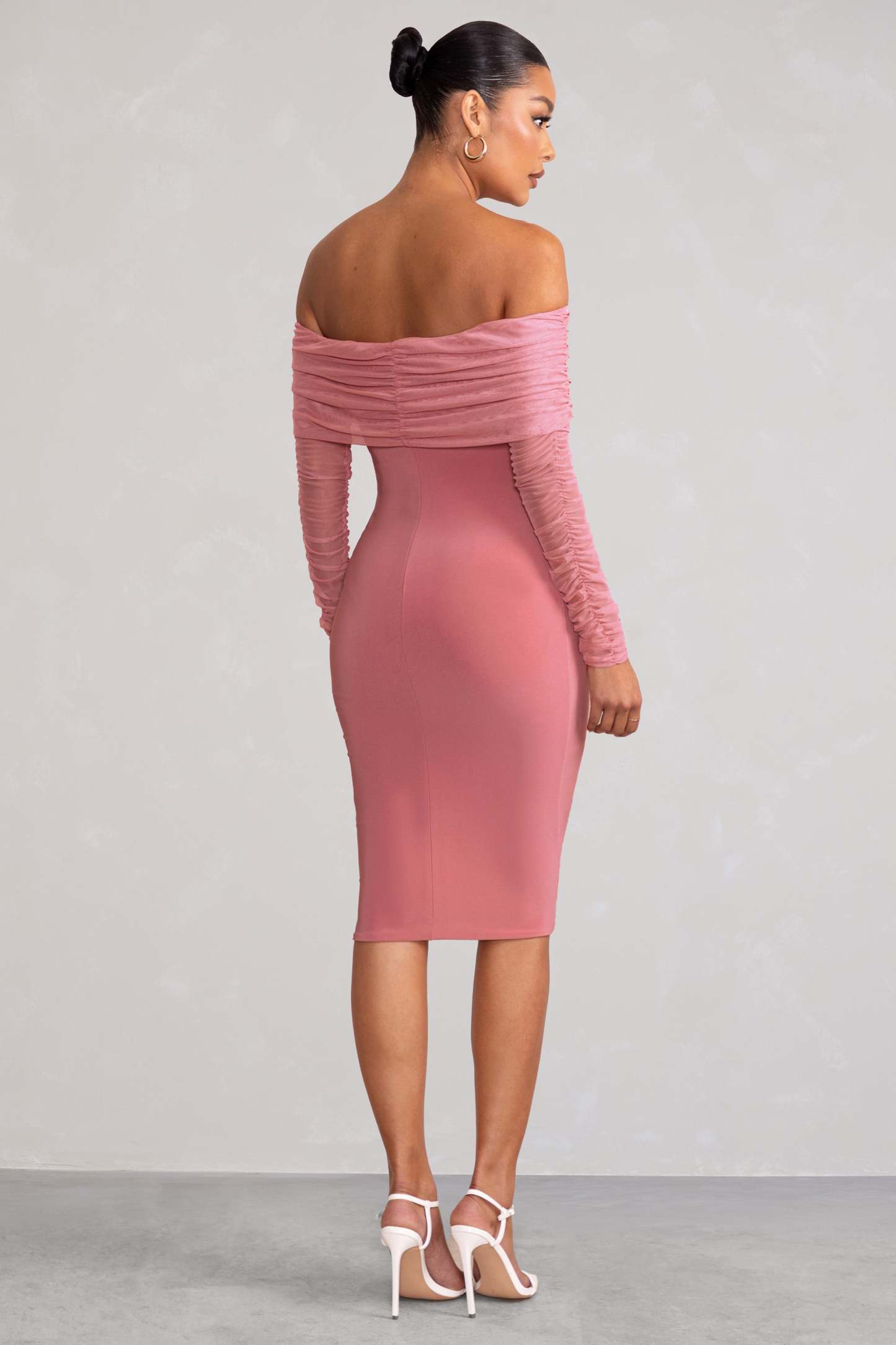 Patiently Waiting Blush Pink Maternity Ruched Mesh Bardot Midi Dress-Fashionmomo.All Rights Reserved