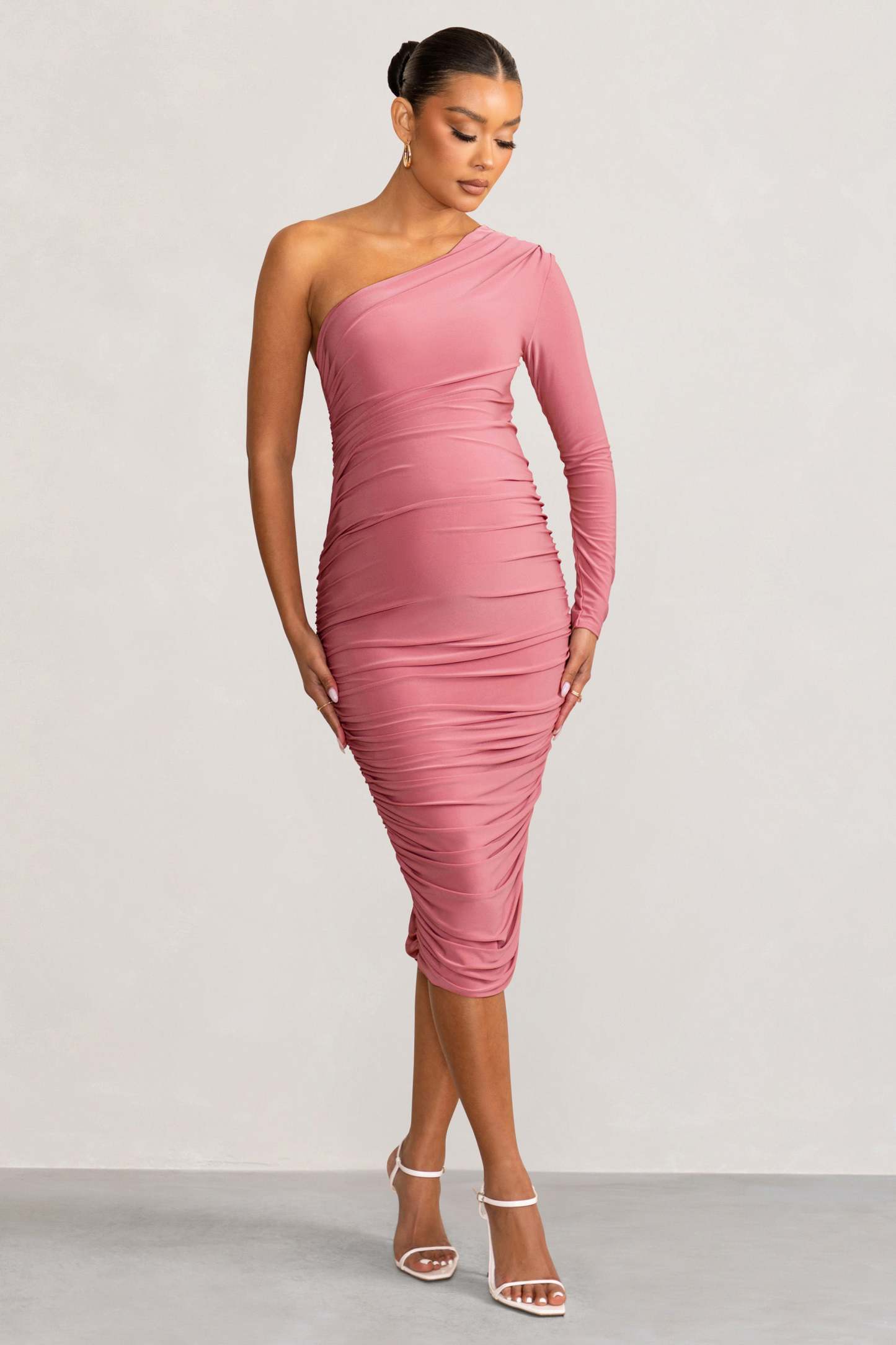 Betsy Blush Asymmetric One Sleeve Maternity Midi Dress-Fashionmomo.All Rights Reserved