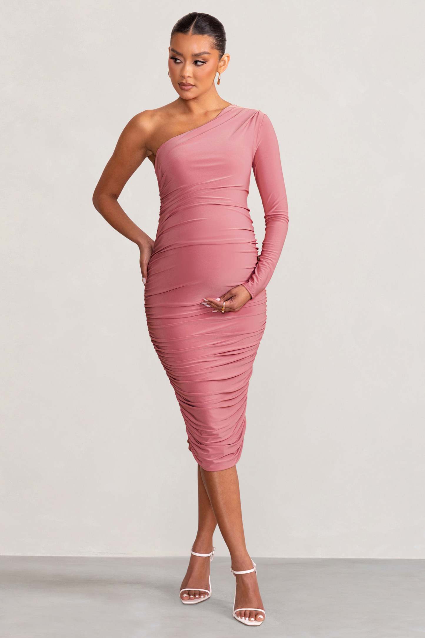 Betsy Blush Asymmetric One Sleeve Maternity Midi Dress-Fashionmomo.All Rights Reserved