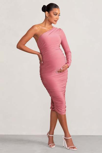 Betsy Blush Asymmetric One Sleeve Maternity Midi Dress-Fashionmomo.All Rights Reserved