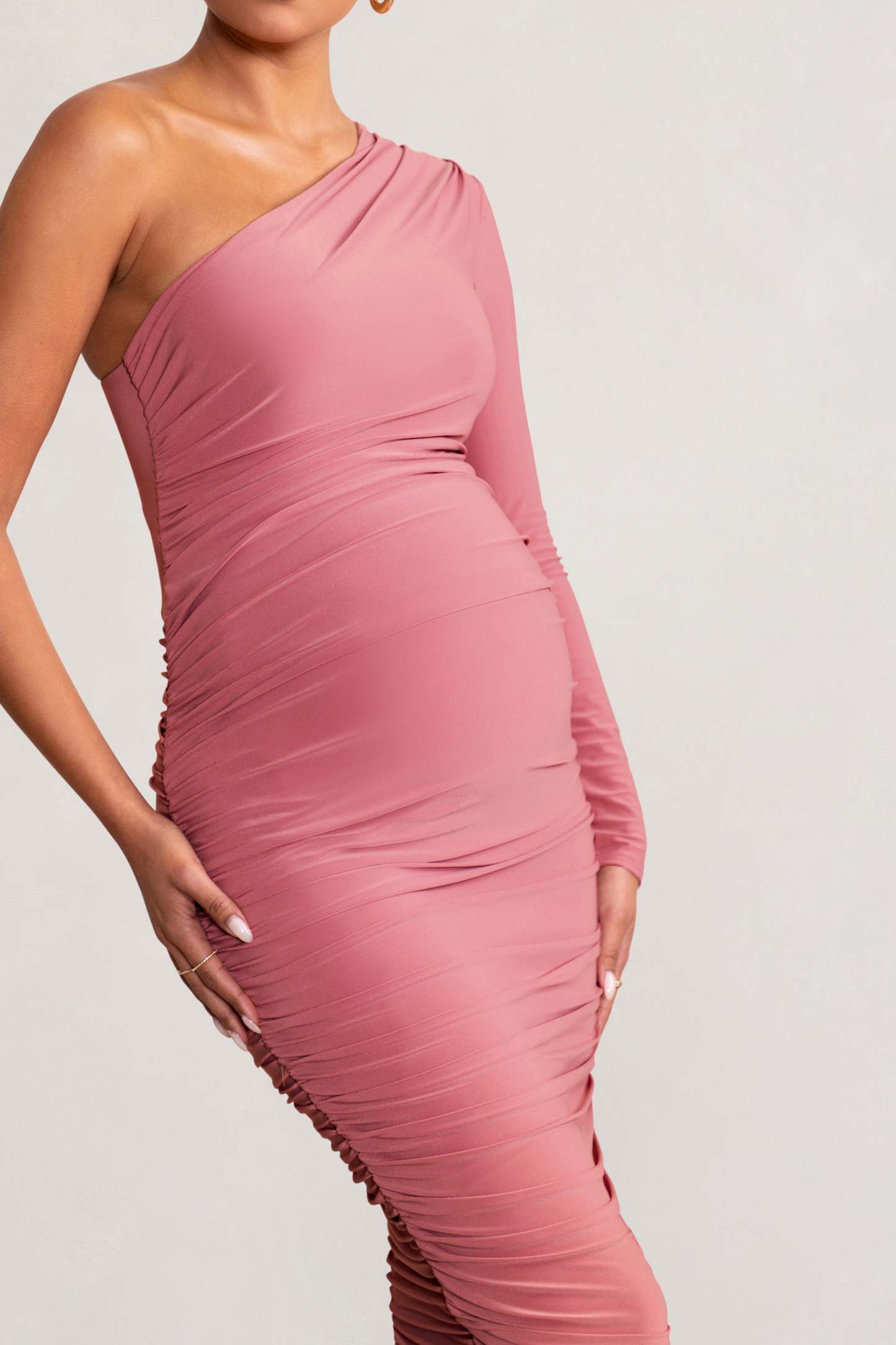 Betsy Blush Asymmetric One Sleeve Maternity Midi Dress-Fashionmomo.All Rights Reserved