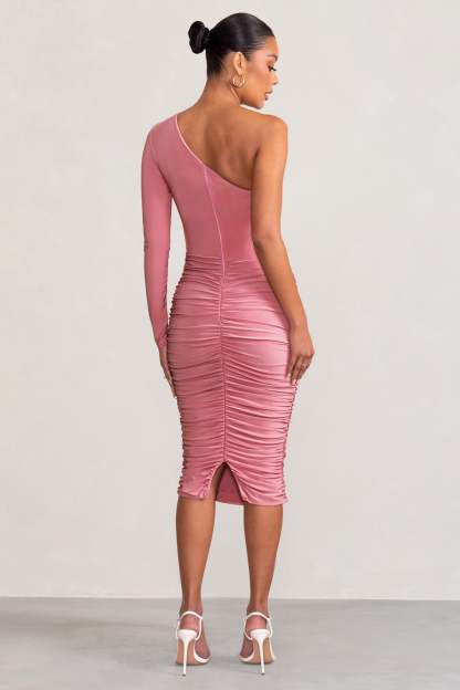 Betsy Blush Asymmetric One Sleeve Maternity Midi Dress-Fashionmomo.All Rights Reserved
