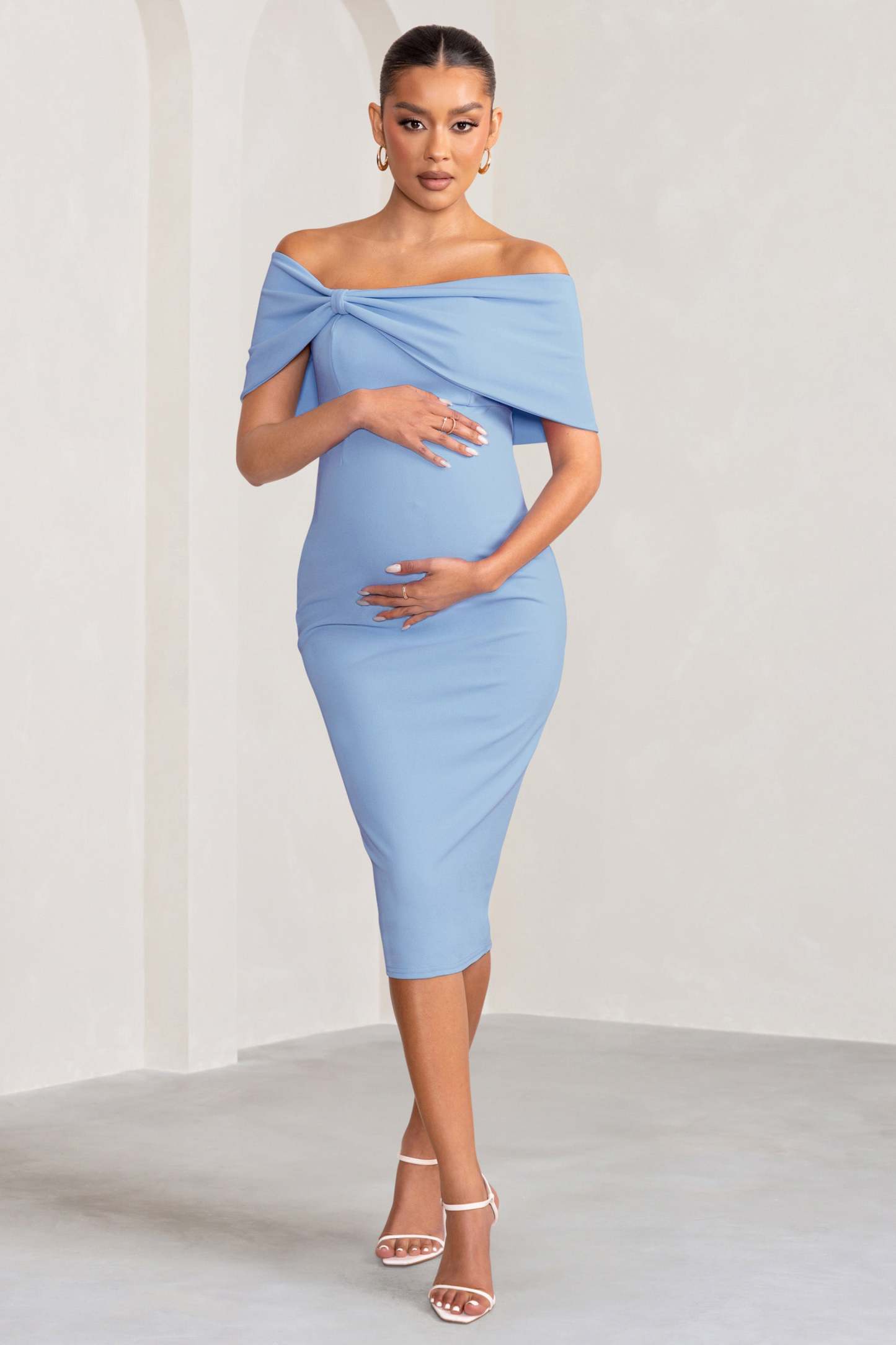 Alyssa Powder Blue Bardot Bow Maternity Midi Dress with Ruching-Fashionmomo.All Rights Reserved