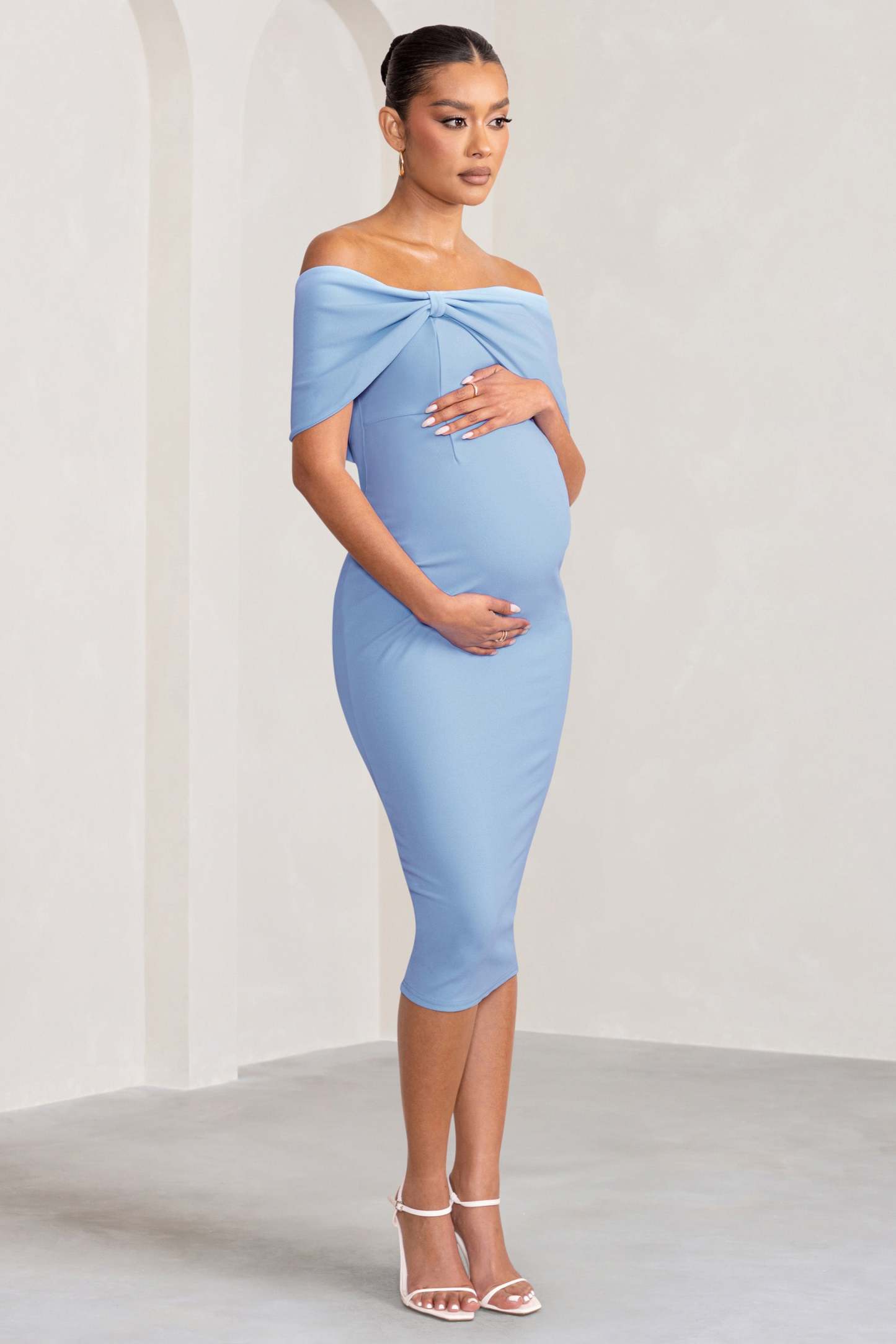 Alyssa Powder Blue Bardot Bow Maternity Midi Dress with Ruching-Fashionmomo.All Rights Reserved