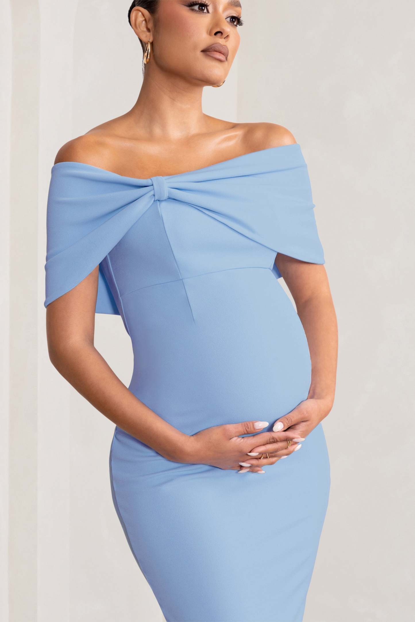 Alyssa Powder Blue Bardot Bow Maternity Midi Dress with Ruching-Fashionmomo.All Rights Reserved