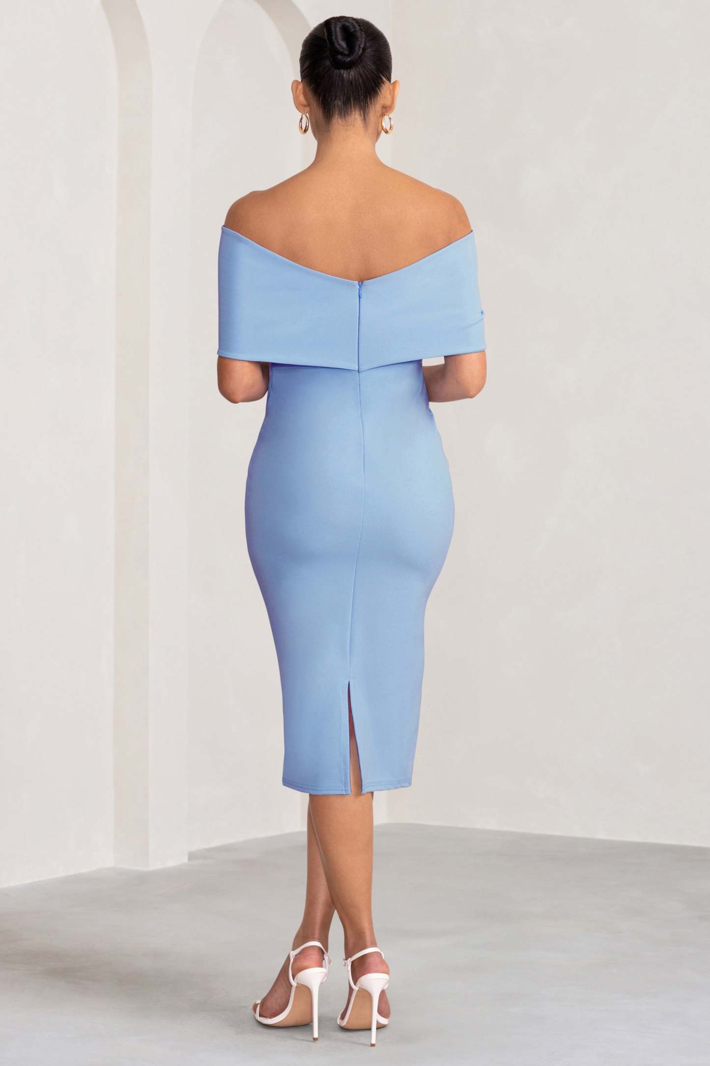 Alyssa Powder Blue Bardot Bow Maternity Midi Dress with Ruching-Fashionmomo.All Rights Reserved