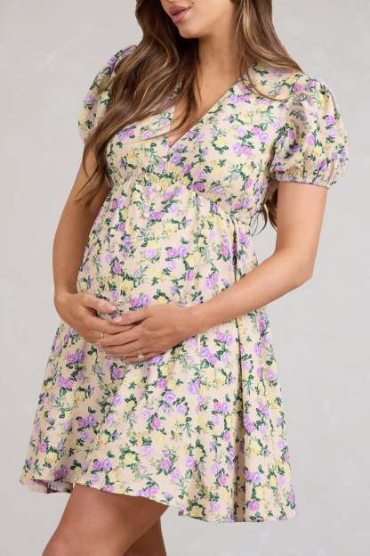 By The Cypress Yellow Floral Maternity V-Neck Puff-Sleeved Buttoned Mini Dress-Fashionmomo.All Rights Reserved